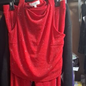 Red Sparkly Sleeveless Top And Pant Suit